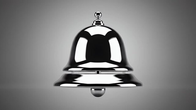 A polished metallic bell with a knob on top and clapper below, is illuminated from beneath