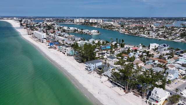 Saint Pete Beach In Saint Petersburg Florida United States. Breathtaking Aerial View Of A Lush Tropical Coastline Scenery. Shore Clouds Sky Beach Sea. Shore Travel. Saint Petersburg Florida.