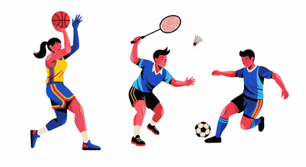 Fototapeta premium Dynamic Illustration of Athletes Playing Basketball, Badminton, and Soccer