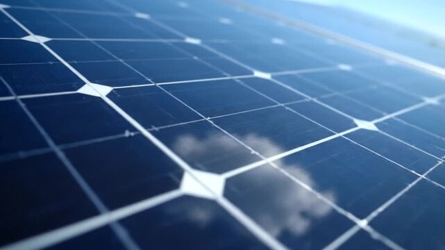 Cinematic close-up of blue photovoltaic cells reflecting the sky. A white cloud slowly passes over the glossy surface, illustrating the reflection and clean energy concept over 8 seconds.