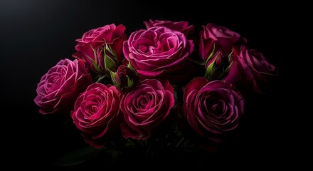 Fototapeta premium Dark pink roses bouquet against black background