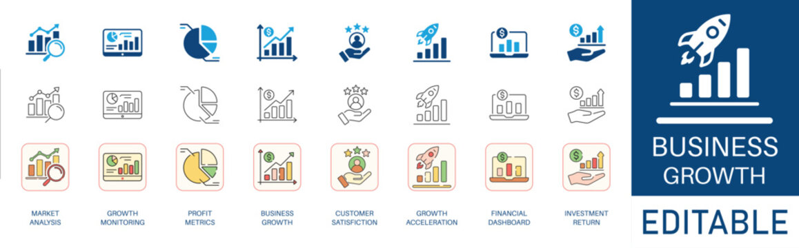 Business Growth and Financial Analytics icon set. Includes symbols for Market Analysis, Profit Metrics, Investment Return, and Growth Acceleration. Vector icons for data dashboard.