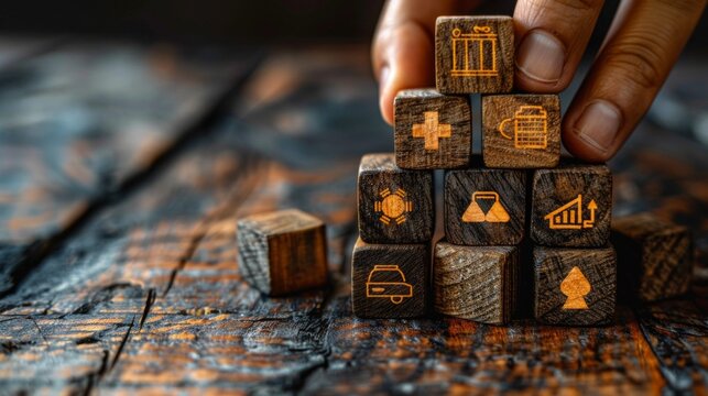 A hand stacks wooden cubes with symbols representing different industries &mdash; the idea of harmonious business development, which emphasises the importance of strategic planning, 