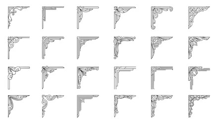 Grid of twenty four ornate corner border decorations features classical architectural and floral motifs for sophisticated page framing.