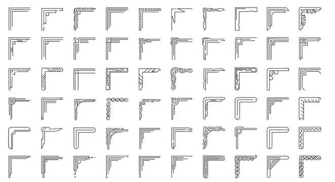 Large grid of sixty unique geometric and simple line corner borders offers a minimal aesthetic for modern page decoration and framing.
