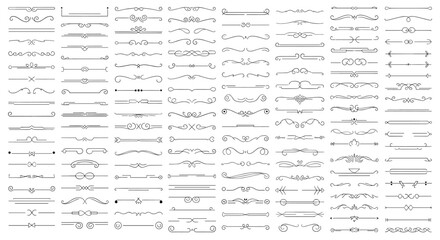 Fototapeta premium Comprehensive set of simple and decorative line dividers and border elements for minimalist book layout and document design.