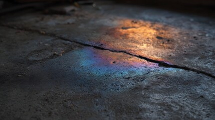 Fototapeta premium Close up of an iridescent oil stain shimmering with rainbow colors on a cracked concrete floor illuminated by light