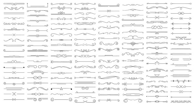 Comprehensive set of simple and decorative line dividers and border elements for minimalist book layout and document design.