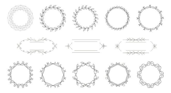 Elegant collection of circular and oval floral wreaths and frames featuring delicate hand drawn leaf and blossom line art elements for organic branding.