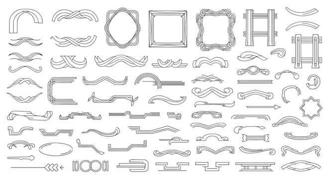 Assorted collection of simple line based decorative elements, borders, and flourishes for creative graphic design and professional page decoration.
