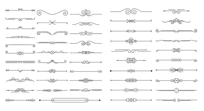 Wide variety of simple horizontal line dividers and flourishes for organizing text and adding elegant touches to document designs and digital layouts.