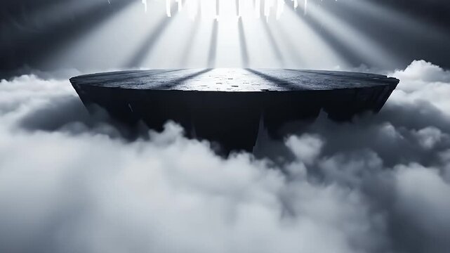 A dark, flat-topped island floats in a cloudy sky, illuminated by light beams