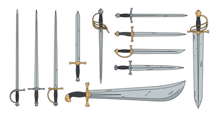 Naklejka premium Diverse collection of historical and fantasy swords and daggers including longswords and scimitars in a detailed colored illustration style.