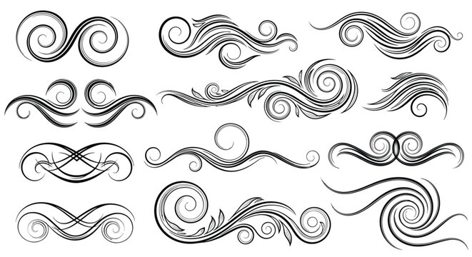 Assortment of elegant decorative swirls and curly flourishes in a vintage hand-drawn style for wedding invitations and graphic design.