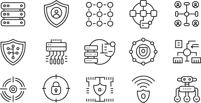 Modern cybersecurity and network protection line icon set featuring secure servers, user privacy, encrypted systems, digital monitoring, and secure communication technology symbols