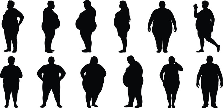 Obese body silhouette collection representing overweight people standing in various poses, human weight diversity, health risk awareness, and lifestyle concept