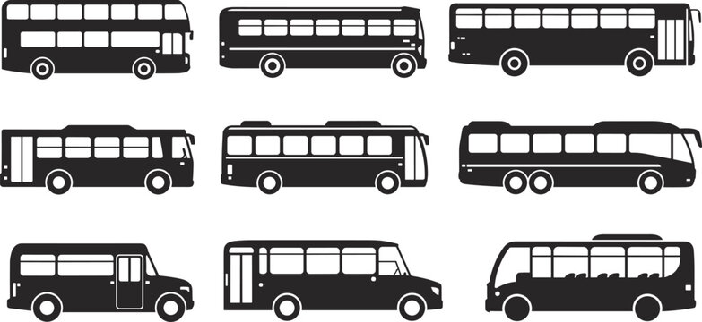 Set of public transport bus silhouette icons representing urban mobility, city transportation systems, passenger vehicles, and modern transit design variations