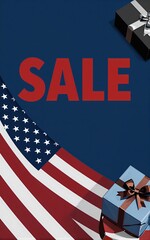 American flag backdrop, bold "SALE" text, gift boxes, festive shopping promotion design.