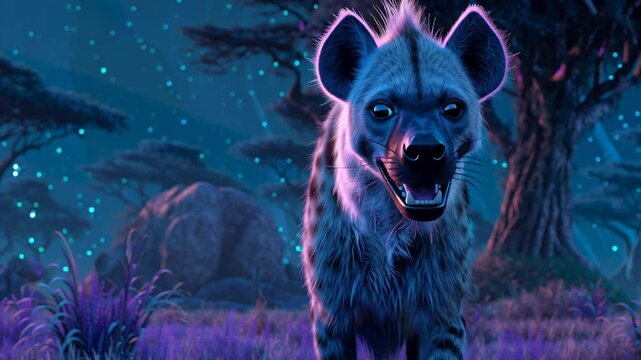 A majestic hyena standing in a dark enchanted savanna at night, strong muscular body