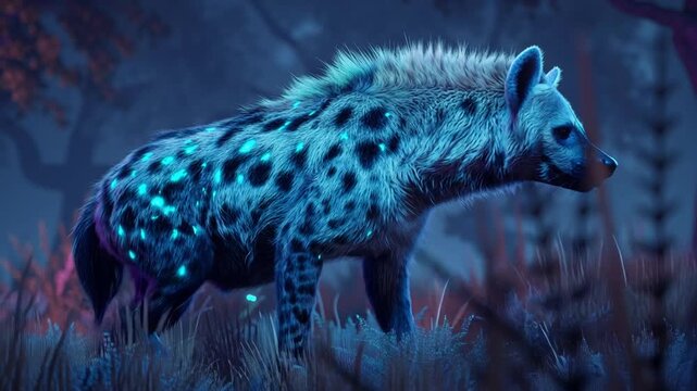 A majestic hyena standing in a dark enchanted savanna at night, strong muscular body