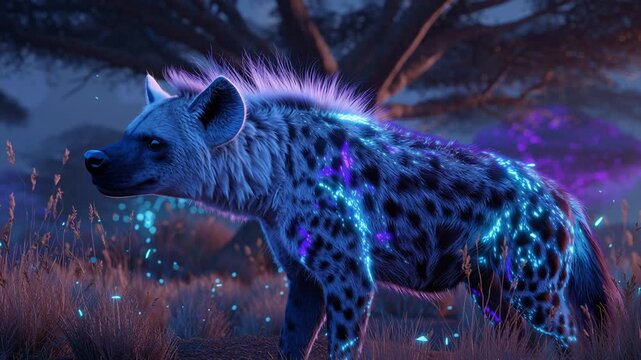 A majestic hyena standing in a dark enchanted savanna at night, strong muscular body