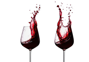 Two elegant crystal glasses of red wine captured mid-splash with suspended droplets on a white studio background. Concept for luxury beverage advertising