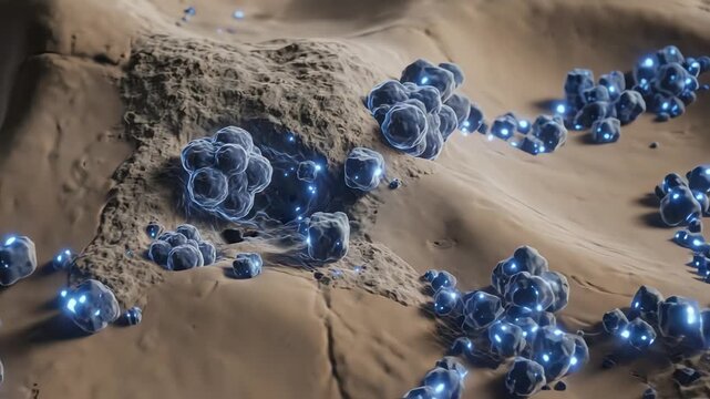Imbalance between bone-forming osteoblasts and bone-resorbing osteoclasts. Osteoclast activity glows slightly stronger, removing small portions of bone matrix, while osteoblast signals appear weaker