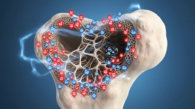 Osteoporosis: thinning cortical shell, porous trabecular network, altered remodeling balance, hormonal influences, calcium regulation changes, and biomechanical stress maps 