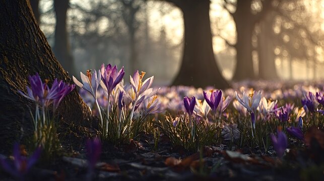 Purple and white crocus flowers are emerging from the ground beneath trees, spreading across a park landscape with bokeh highlights from the early morning sunlight
