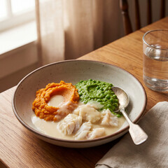 Elderly-friendly soft meal with mashed vegetables and fish, gentle lighting