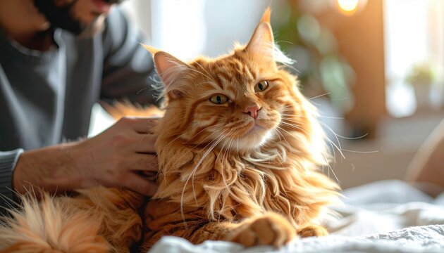 Affectionate bond - Man petting a majestic ginger Maine Coon cat.