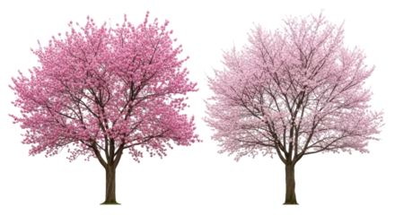 Selbstklebende Fototapeten Kirschen Two pink flowering cherry trees isolated PNG, spring blossom trees on transparent background for design and decoration  © Sorin