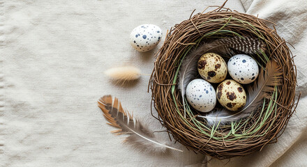 Obraz premium Decorative bird nest with colorful eggs and feathers on fabric 