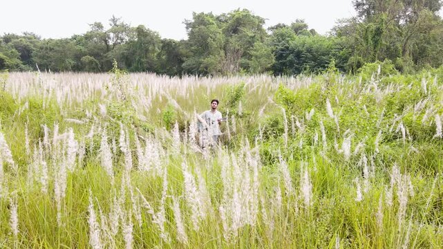 Drone Pullback of Musician Singing and Playing Guitar in Kans Grass Field