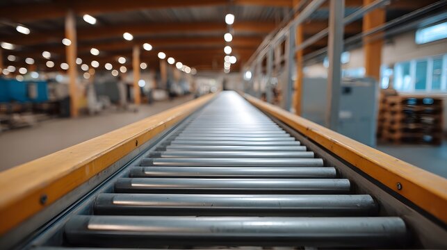 Empty roller conveyor belt system in a bright modern industrial factory interior ready for automated logistics and production processes