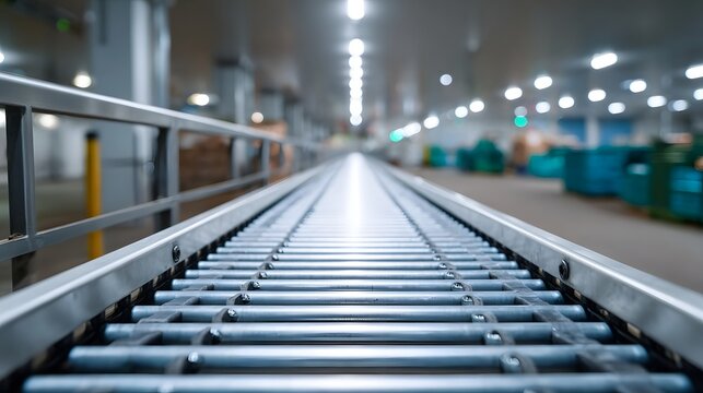 A long empty metal roller conveyor belt stretches into the distance within a brightly lit industrial warehouse