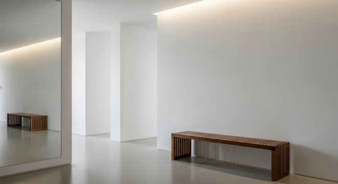 Minimalist hallway interior with white walls featuring a wooden slatted bench and a large wall mirror with soft hidden cove lighting creating a clean architectural gallery aesthetic