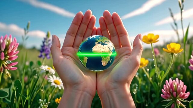Women's palms hold the globe against a background of wildflowers. The concept of environmental protection.