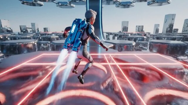 Futuristic cityscape with a person in a jetpack soaring through glowing neon rings and metallic structures