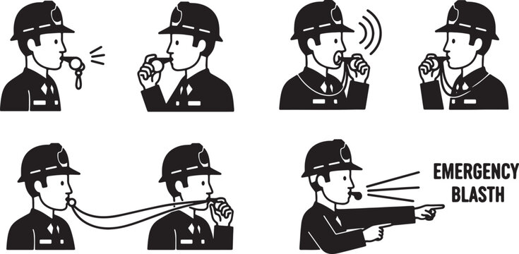 6 Black Solid Banksman Whistle Signal Silhouettes Set on White Background