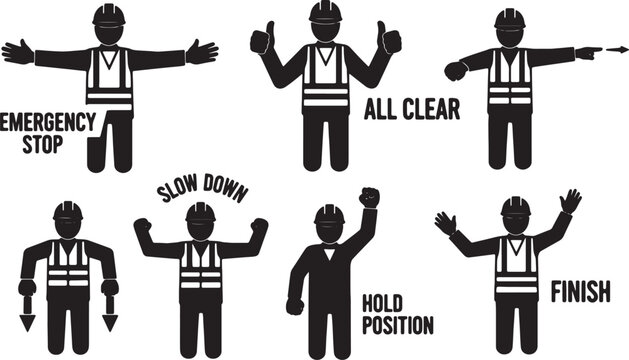 6 Black Solid Banksman Directional Silhouettes Set on White Background
