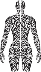 Fototapeta premium Back View of Human Torso Covered in Tribal Tattoo illustration