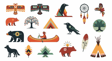 Native American Art Icons: Animals, Symbols, Dreamcatcher, Canoe