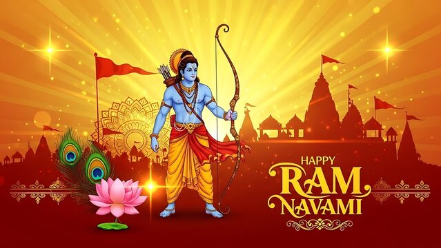 Lord Rama warrior illustration in golden sunset celebrating Ram Navami festival with lotus flowers and temple backdrop