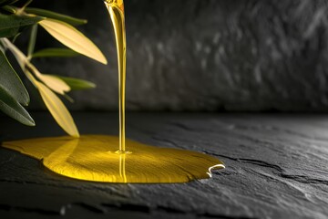 Olive oil pouring onto a dark stone surface.
