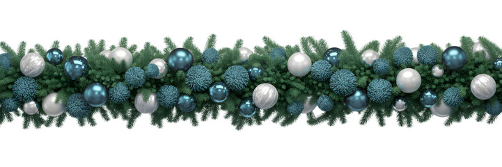 Christmas garland with blue and white ornaments on green branches isolated on transparent background