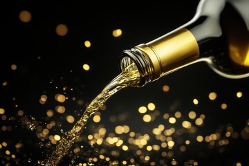 Gold-capped wine bottle pouring celebratory liquid.