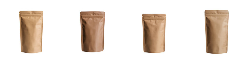 Four brown paper bags with sealed tops on transparent background