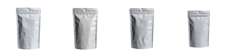 Four gray bags in a row on a transparent background