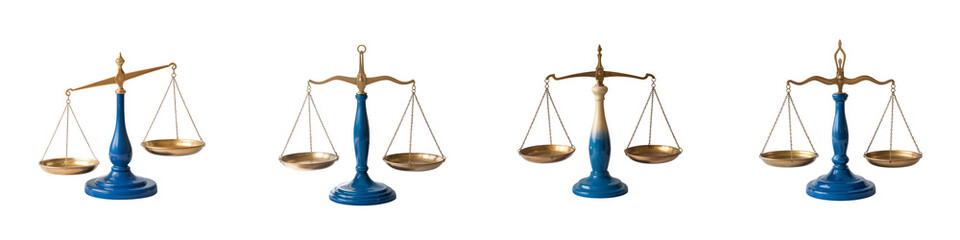 Four blue and gold balance scales isolated on transparent background